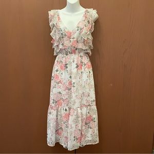 Dex Ruffled Floral Midi Dress - Pink and Cream